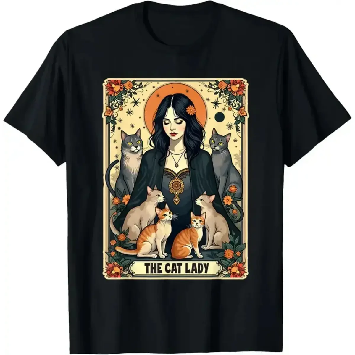 Undershirt Crew Neck - 유니섹스 캣 레이디 타로 카드 셔츠